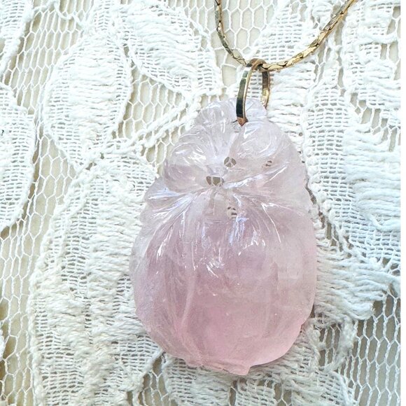 Vintage Rose Quartz Carved Floral 14k Gold Pendant - Picture 6 of 11